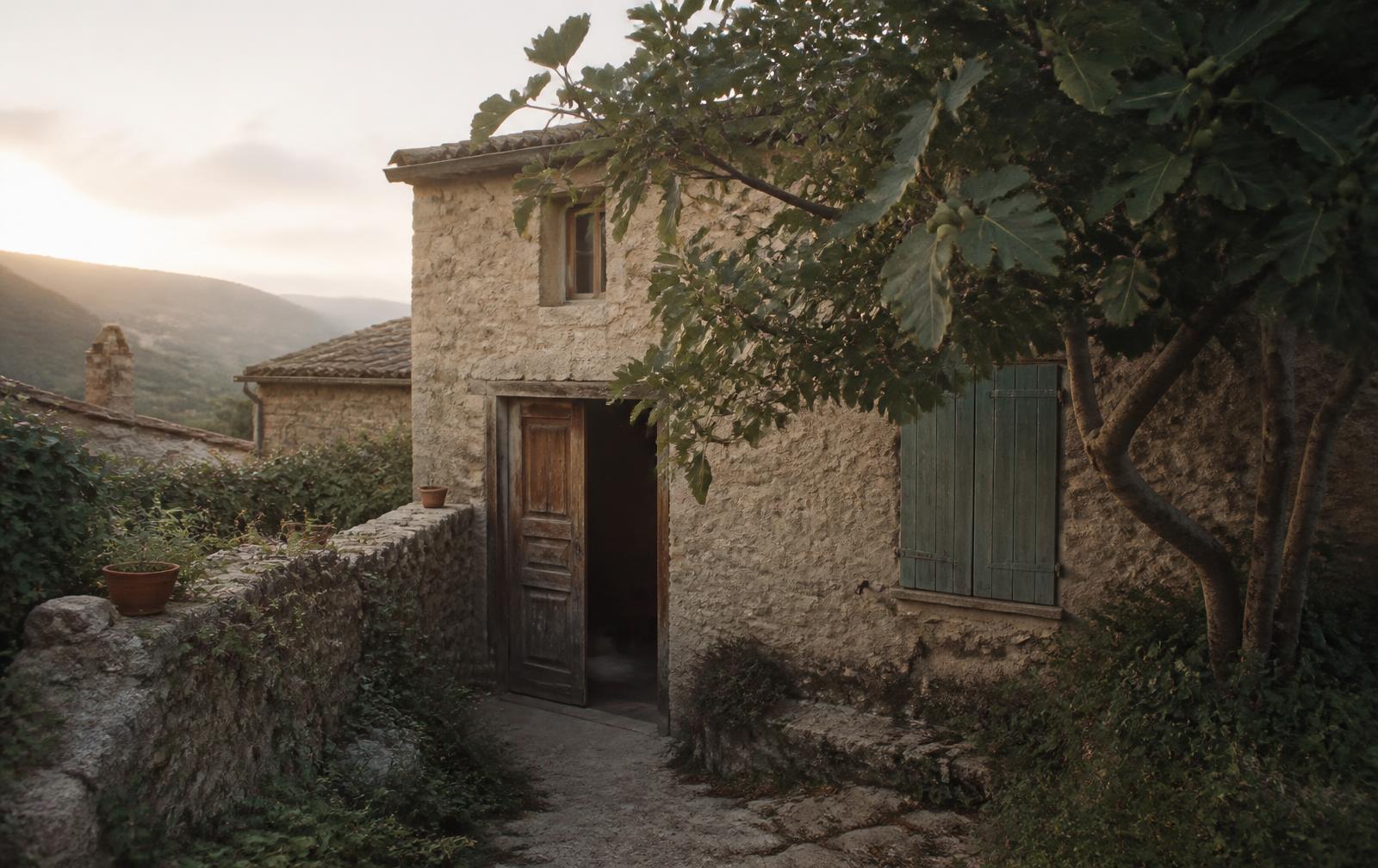 Puerta de madera abierta al amanecer, entrada de un espacio comunitario